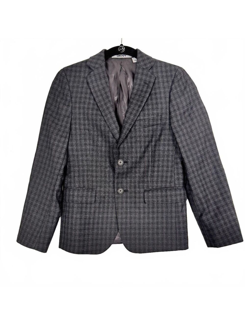 DKNY Boys Charcoal Grey Plaid Two Button Wool Blazer Jacket Size Boys 10R